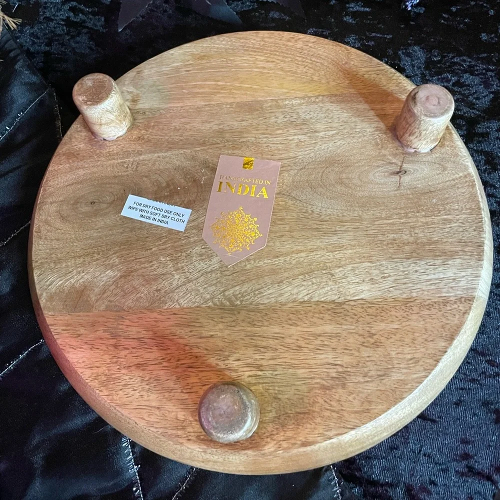 EUC Wooden Enamel Round Gothic Skeleton Bride And Groom Print Platter Pedestal
